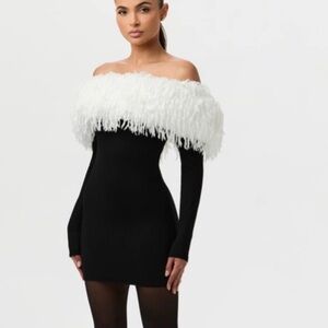Naked Wardrobe Black and White Feathered Dress